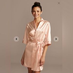 David's Bridal Robe L XL Blue Floral Satin Wrap Wedding DB Studio 3/4 Sleeves